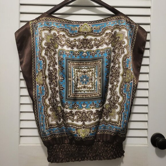 Tops - Women's Satin Blouse XL Brown Teal Blue Handkerchief Style EUC